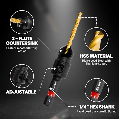 EZARC Countersink Drill Bit Set, 12PCS 2-Flute Adjustable Bits for Wood