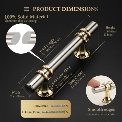 Haliwu 10 Pack 3 Inch Brushed Nickel and Gold Cabinet Handles | 76mm Hole Center, Solid Aluminum and Zinc Alloy, Kitchen Pulls Hardware for Bathroom Drawer Dresser - color: Brushed nickel&Gold, size: 3-inch (76mm) hole spacing
