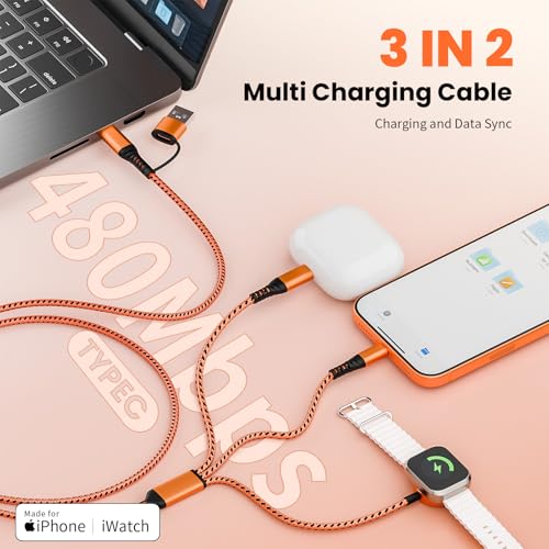 Multi Travel Charger Cord for iWatch, Travel Chargers for Multiple Devices - color: Sunset Orange, size: 2Pack5FT