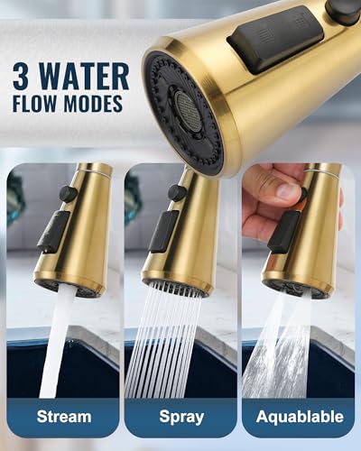Pull Down Spray Head Replacement - for Kitchen Faucet Sprayer Head with 9 Adapters, 3 Function Pull Out Faucets Spray Nozzle Compatible with Moen, American Standard Faucets, Brushed Gold - color: Brushed Gold