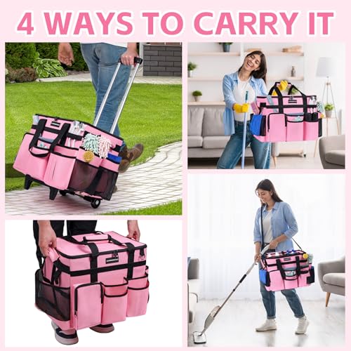 Extra Large Rolling Cleaning Caddy Bag with Wheels, Cleaning Baskets Bags with Detachable Trolley For Housekeepers , Water Resistant Cleaner Supplies Organizer with Wheels for Kitchen, Car