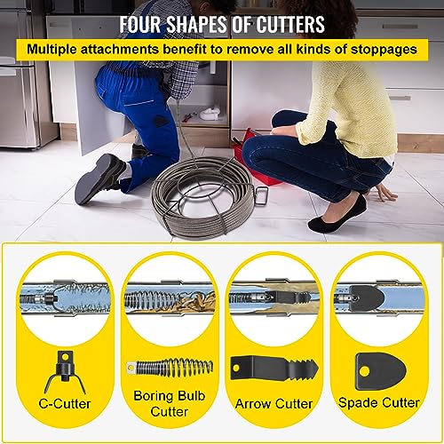 VEVOR Drain Cleaning Cable 50ft x 1/2 inch Solid Core Cable Sewer Cable, Drain Auger Cable Cleaner, Snake Clog Pipe Drain Cleaning Cable W/Four Shapes of Cutters - style: 50Ft x 1/2Inch