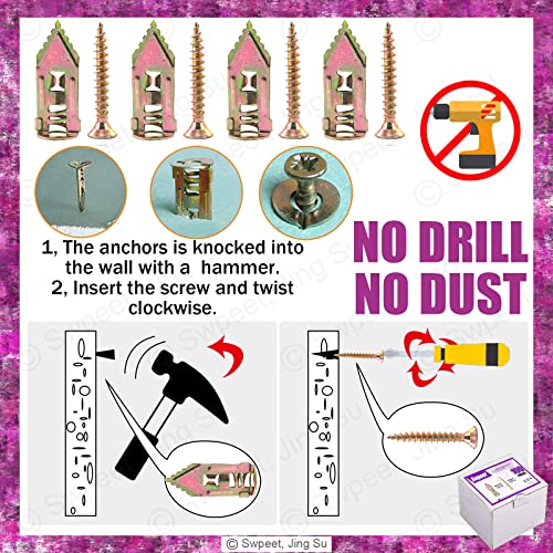Swpeet 200Pcs Drywall Self-Drilling Anchors with Screws Kit, No Drill Or Holes in Wall Perfect for TV, Bike, Shelf Straps, Cabinet & Fixing Curtains (100PCS Steel Anchors and 100PCS Zinc Screws)