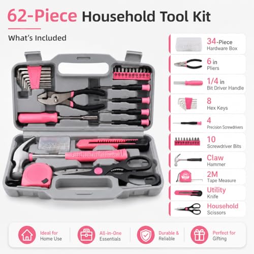62-Piece Household Tool Kit with Pink Storage Case, Home Repair Tool Set with Hammer, Pliers, Screwdrivers, Hex Keys, Tape Measure, Utility Knife and Scissors for DIY, Apartment, Dorm and Office