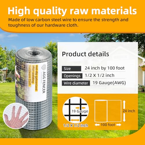 AggFencer 24inch x 100ft Hardware Cloth 1/2 inch Chicken Wire Fencing 19Ga - size: 1/2in 24in x 100ft