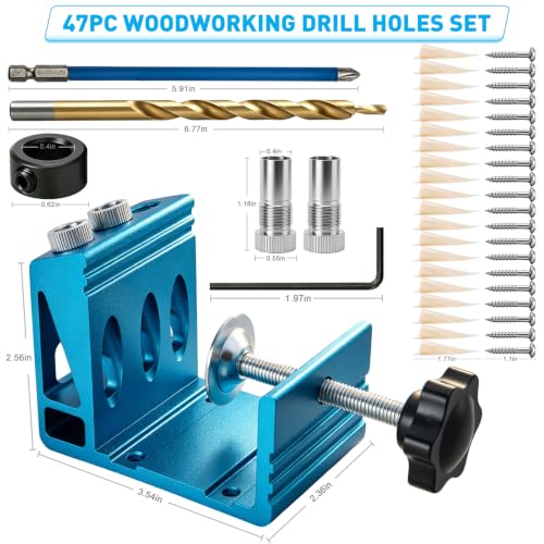 Pocket Hole Jig Kit with Drill Guide Joint 15 Degree Woodworking Inclined Hole Angle Tool Dowel Drill Pocket Joinery Screw Set Kit Adjustable Drill Jig Guides Joint Carpentry Locator Woodworking Tool