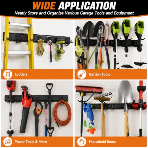 Garage Tool Organizer Wall Mount, Heavy Duty 48 Inch Garage Storage System with Adjustable Hooks, Garden Tool Rack for Shovel Rake Broom Snowboard Shed Organization - size: 48" Alloy Steel