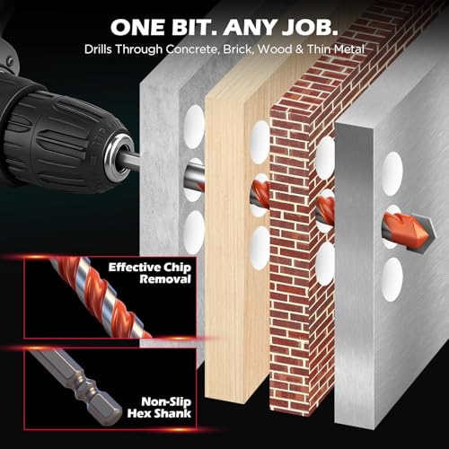 10-Piece Masonry Drill Bit Set, 6-Inch Carbide Tipped Concrete Drill Bits with Hex Shank for Brick, Cement, Tile, Wood and Light Metal, Fast Drilling and Chip Removal