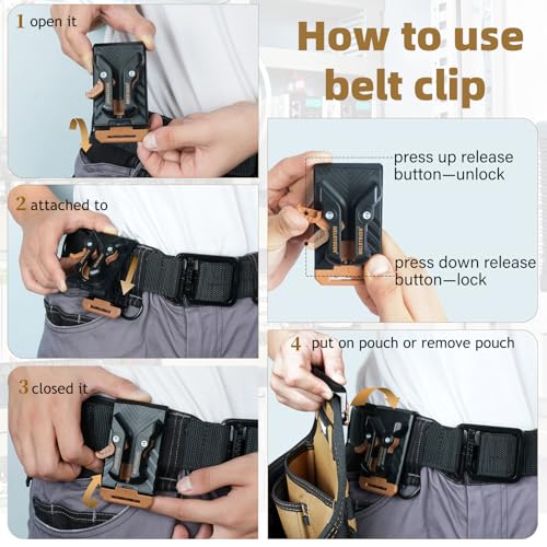 MELOTOUGH Contractor Electrician Tool Pouch - Nail Screw Work Framer Belt With Hammer Loop Clip-on Utility Organizer and Kickstand Back - color: Khaki Tool Pouch