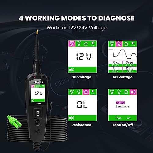 Topdiag P100 Automotive Power Circuit Probe Tester, 12 24V Electrical Short/Open Breaker Finder, AC DC Diode Resistance Relay Tester, Continuity Test Digital Multimeter/Ohmmeters, 20 + 20FT Cable - style: P100