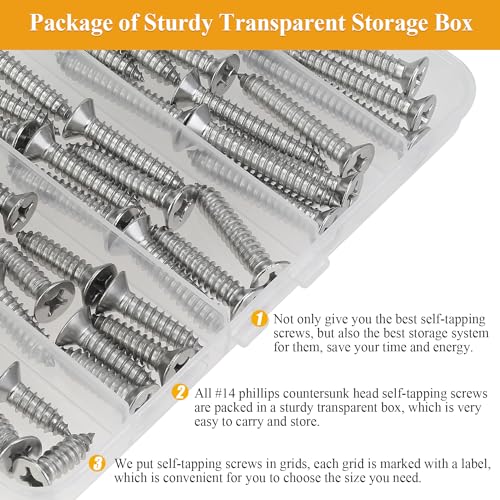 55 Pieces #14 x 3/4" 1" 1-1/4" 1-1/2" 2" Wood Screws Set, Phillips Countersunk Head #14 Self-Tapping Screws Assortment Kit, 304 Stainless Steel - size: #14, style: Phillips Countersunk Head