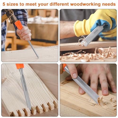 5 Piece Wood Chisel Sets Woodworking Tools Set, Wood Chisels for Woodworking with Steel Hammer End, Wood Tools Chisel Set Woodworking with Ergonomic Plastic Handle, 6mm, 12mm, 18mm, 24mm, 32mm - size: 5 Pack