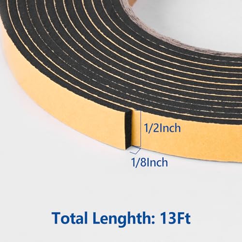 Kikerike Self Adhesive Foam Tape Weatherstrip 1/2In x 1/8In x 13Ft High Density Foam Insulation Strips Seal Weather Stripping with Strong Adhesive for Door and Window Sound Isolation Soundproofing - size: 1/2in x 1/8in x 13Ft