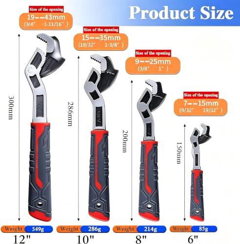 Self Adjusting Pipe Wrench, 6” 8” 10” 12" Pipe Wrench Set, Plumbers Wrench with Self Tightening Function for 9/32" to 1-11/16" (7-43mm) Pipe Fittings, Standard Nuts and Irregular Nut