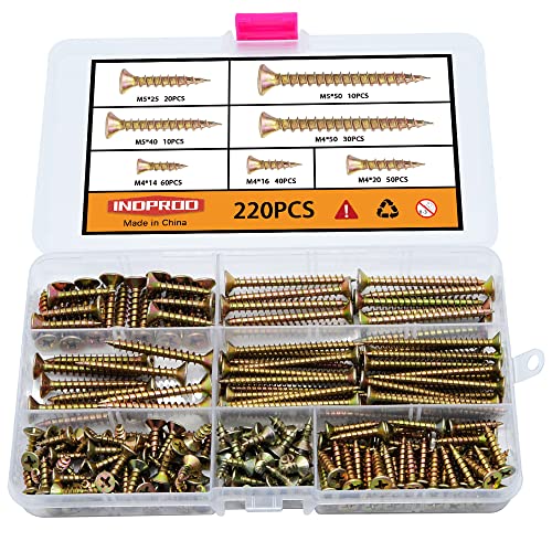 M4 M5 Flat Head Wood Screws Assortment Kit 220 Pcs,Phillips Drive Countersunk Head Self-Tapping Wood Screws,Yellow Zinc Plated Finish Screw Kit,Screws for Drywall/Sheetrock/Wood,Full Thread - style: M4M5 220PCS