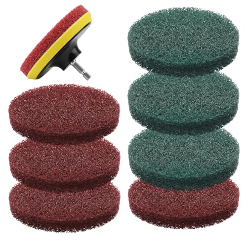 4 Inch Drill Attachments for Cleaning, 3.9" Scrub Brush Set with Red & Green Pads Drill Brush Power Scouring Pads for Kitchen Bathroom Household Cleaning