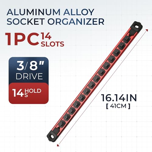 Reniteco Magnetic Socket Organizer, 3/8” Aluminum Alloy Rail, 14 Clips - color: Red, size: 3/8-inch Drive
