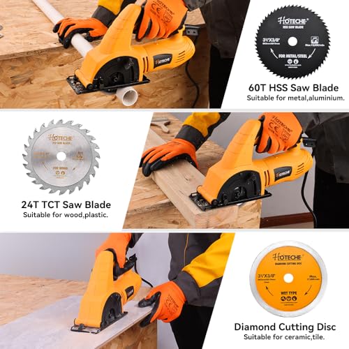 Hoteche 3-3/8-Inch Mini Circular Saw 5A Multifunctional Portable Saw with 3pcs Blades for Metal, Wood and Tile Cutting - size: 3-3/8-Inch 600W
