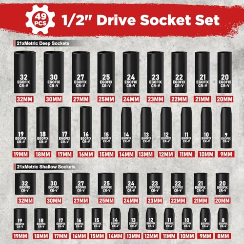 1/2" Drive Impact Socket Set 49 Piece, Standard and Deep Metric Socket (9-25mm, 27, 30, 32mm), Includes Extension Bars, Universal Joint and Adapter, 6 Point Design,Cr-V steel - color: 1/2-49pcs
