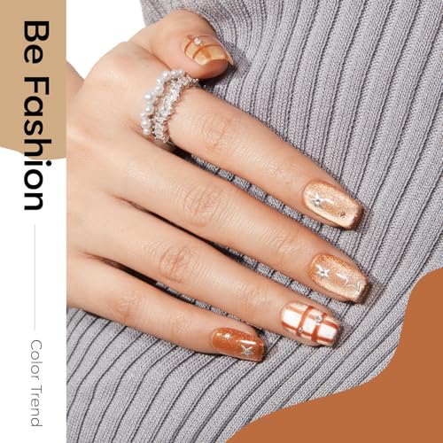 modelones Fall Cat Eye Gel Nail Polish Set, Nude Brown Gold Caramel Khaki - color: Sun-kissed Glow