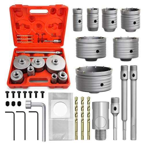 22PCS Concrete Hole Saw Kit, 30/40/50/65/80/100/110mm, Alloy Steel, Silver, Industrial, Hole Saw Set, Compatible with Stone, Brick, Cement, Wall Drilling - size: (1-3/16" to 4-5/16")-22PCS