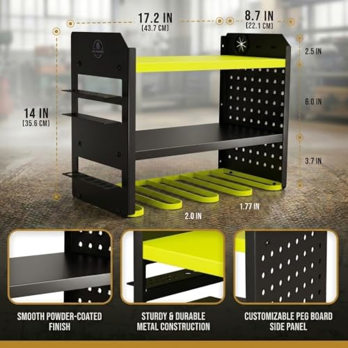 BUILTSTRONG Power Tool Organizer Wall Mount – 3-Tier Heavy-Duty Steel Rack, 4 Drill Slots, Pegboard + Utility Side, 100 lb Capacity – Garage, Workshop & Shed Storage (Green) - color: Green, size: 4 Drill Holder