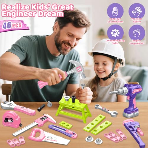 Kids Tool Set, Toddler Tool Box, Toy Drill, Construction Toys for Ages 3-5 - color: Pink