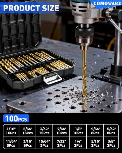 COMOWARE 100 Pcs Titanium Drill Bit Set - High Speed Steel for Steel, Wood, Plastic, Metal, Copper, Aluminum Alloy with Storage Case, 3/64"-3/8" - style: 100 Pcs