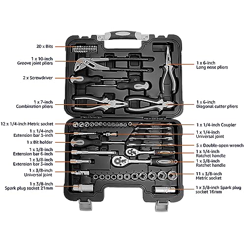 Amazon Basics 65-Piece General Household Home Repair and Mechanic's Hand Tool Kit Set with Storage Case, Portable, Non-Slip Handles, Black - size: 65 piece