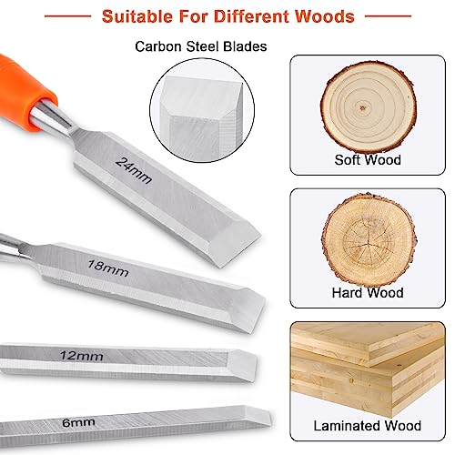 4 Piece Wood Chisel Sets Woodworking Tools Set, Wood Chisels for Woodworking with Steel Hammer End, Wood Tools Chisel Set Woodworking with Ergonomic Plastic Handle, 6mm, 12mm, 18mm, 24mm - size: 4 Pack