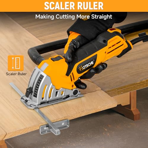 Hoteche 3-3/8-Inch Mini Circular Saw, 500W Compact Electric Circular Saw with 2pcs Blades for Wood, Tile & Soft Metal, Includes Dust Tube, and Parallel Guide - size: 3-3/8-Inch 500W