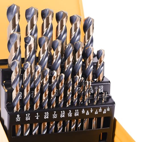 29Pcs Drill Bit Set, 135 Tip HSS with Black and Gold Finish, Metal Twist Jobber Drill Bit Kit for Hardened Metal, Steel, Plastic, Wood with Indexed Storage Case, 1/16" - 1/2" - style: HSS-29PCS