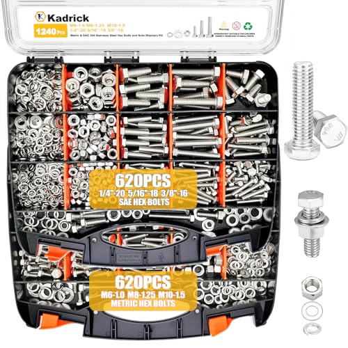 KADRICK 1240PCS Stainless Steel Hex Bolt Assortment Kit,SAE & Metric Set - size: 1240Pcs Stainless SAE & Metric HEX