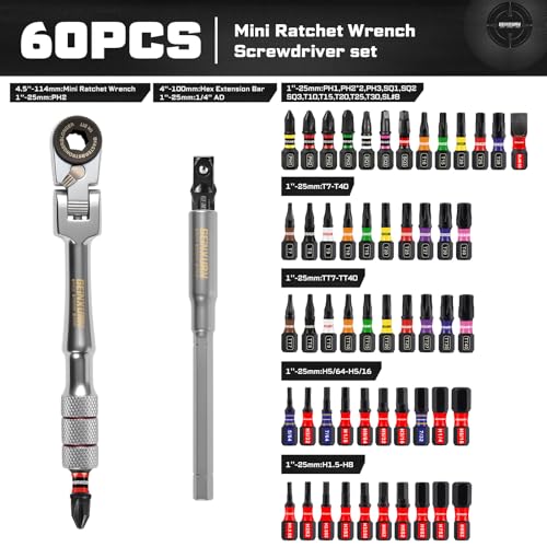 Geinxurn 60Pcs 180° Pivoting Flex Head T-Handle Ratchet Wrench Set, 72-Tooth 1/4" Reversible Ratchet with Extension Bar, Socket Adapter & 1" Impact Screwdriver Bits (Phillips/Torx/Hex) for DIY - size: 60pcs-Changeable