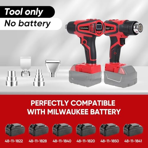 Cordless Heat Gun Compatible with Milwaukee m18 Battery 350W Fast Heating 120℉–1112℉ Variable Temperature LCD Display Portable Hot Air Gun 4 Nozzles for Crafts, DIY (Tool Only, Not Made by Milwaukee)