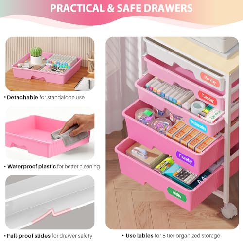 Goovilla Rolling Cart with 5 Drawers for Craft, Art, Dorm, Office, Pink - size: Pink