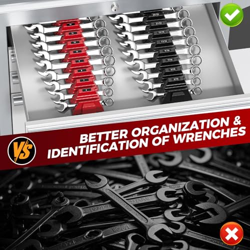 PINOZE 48PCS Magnetic Modular Wrench Organizers for Tool Drawers - Black & Red - Wrench Rack with Metric & SAE Labels, Customizable Magnet Tool Storage Holder for Tool Box Organization