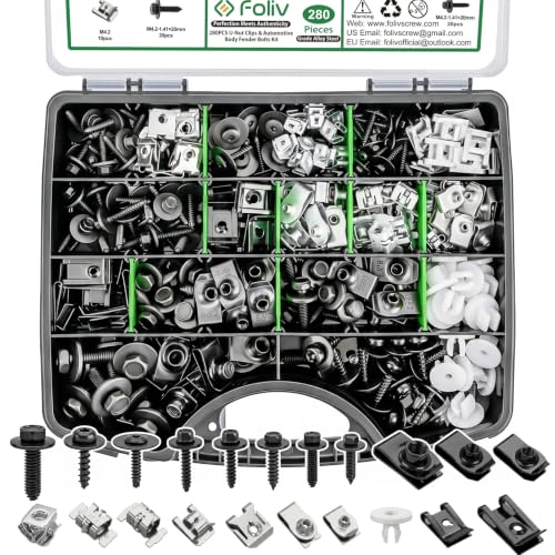 FOLIV 280PCS U-Nut Clips and Bolt Kit, Automotive Body Bolts and Clips Assortment, Engine Undertray Fasteners for Toyota Camry, Honda, Ford, GM-Fender Liner Screws (21 Sizes)