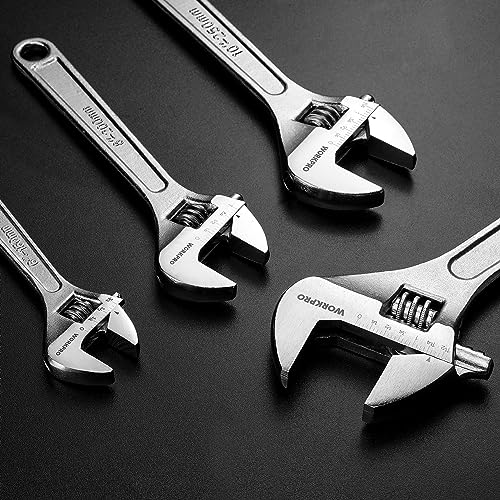 WORKPRO 4-Piece Adjustable Wrench Set, 6"-12", Carbon Steel, Chrome Plated - color: Silver, size: 6-inch, 8-inch, 10-inch, 12-inch