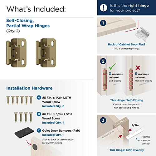 Amerock 1 Pair 1/2" Overlay Golden Champagne Partial Wrap Cabinet Hinge - color: Golden Champagne, size: 1/2 Inch (13 mm) Overlay