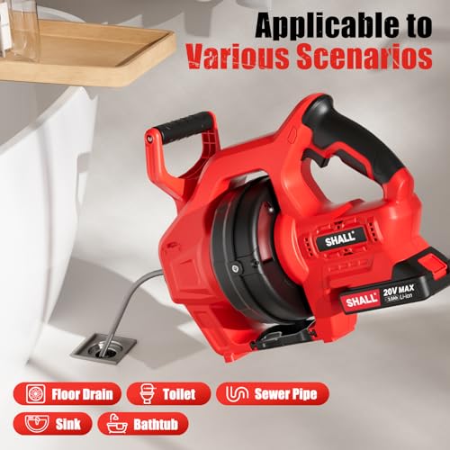 SHALL 20V Cordless Drain Auger with 25Ft Plumbing Drain Snake, Electric Snake Drain Hair Clog Remover W/ 2.0Ah Battery & Fast Charger, Shower Drain Snake for 3/4’’-2’’ Sewer Pipe, Sink Toilet Bathroom