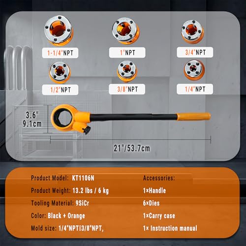 Ratchet Pipe Threader Kit w/ 6 NPT Dies (1/4", 3/8", 1/2", 3/4", 1", 1-1/4"), Heavy-Duty 9SiCr Steel Threading Tool for Galvanized, Iron, Copper & Aluminum Pipes, Portable with Storage Case - size: 1/4" - 1-1/4" (6pcs)