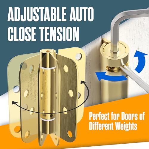 Self Closing Door Hinges, Spring Hinge Door Closer, 5/8” Radius Corner - color: Satin Brass Finish, size: 4 Inch, 5/8 Radius
