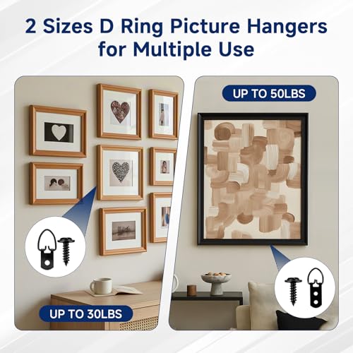 140 PCS D-Ring Picture Hangers Kit, 40 Single Hole & 20 Double Hole Hangers with 80 Screws, 50 lb Load Heavy Duty Picture Hanging Hardware for Picture Frame Mirrors Canvas (Black) - size: Black