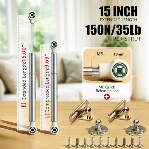 Vepagoo 2 Pack Soft Close Hinges for Toy Box, 15 inch 150N Gas Springs for Heavy Lids, Slow Close Safety Hinges for Tool Box Chest, Hydraulic Accessories for Wooden Storage