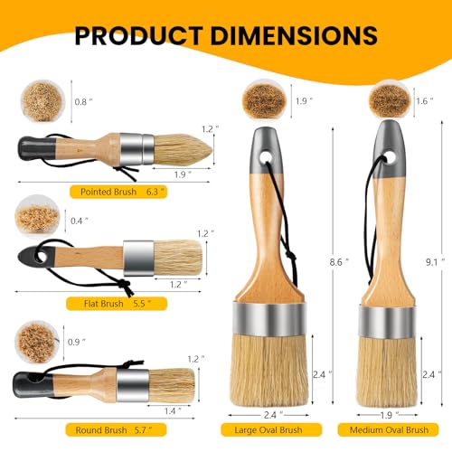 Chalk Paint Brush, Wax Paint Brush Set of 5, Natural Bristle | Chalk Paint for Furniture, DIY Home Decor and Art Crafts, Round Oval Paint Brush for Painting and Waxing, Wooden Handles - size: 1 Large + 1 Medium + 3 Small, 5 Pack
