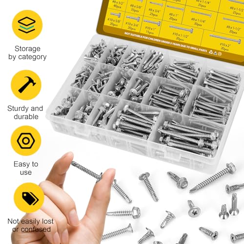 475Pcs #8#10 Self Tapping Screws for Metal, 410 Stainless Steel Self Drilling Screws Assortment, Truss Head & Hex Head & Pan Head Sheet Metal Screws, Length 1/2" to 2" - size: 475pcs #8#10 Silver