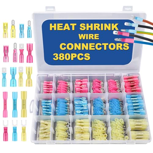 Linkstyle 380PCS Marine Grade Heat Shrink Wire Connectors kit 22-10 AWG, Waterproof Automotive Electrical Terminals Kit, 16-14 22-16 12-10 Gauge Bullet Fork Butt Splices Spade Crimp Connector