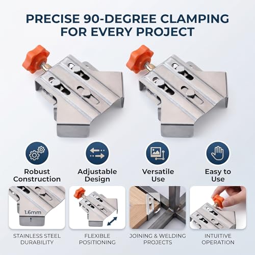 Akozon 4PCS Right Angle Clamp, 90 Degree Stainless Steel Woodworking Corner Clip, Open Design Adjustable Clamp for DIY Photo Frame, Wood, Metal Pipe, Steel Rod Projects