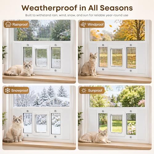 Cat Door for Window, Adjustable 31"-36", 4 Locking Modes + Extra Security Lock for Outside Safety, Window Pet Door with Magnetic Self-Closing, No-Drill Installation, Weatherproof Aluminum Frame Insert - size: 31-36 inches